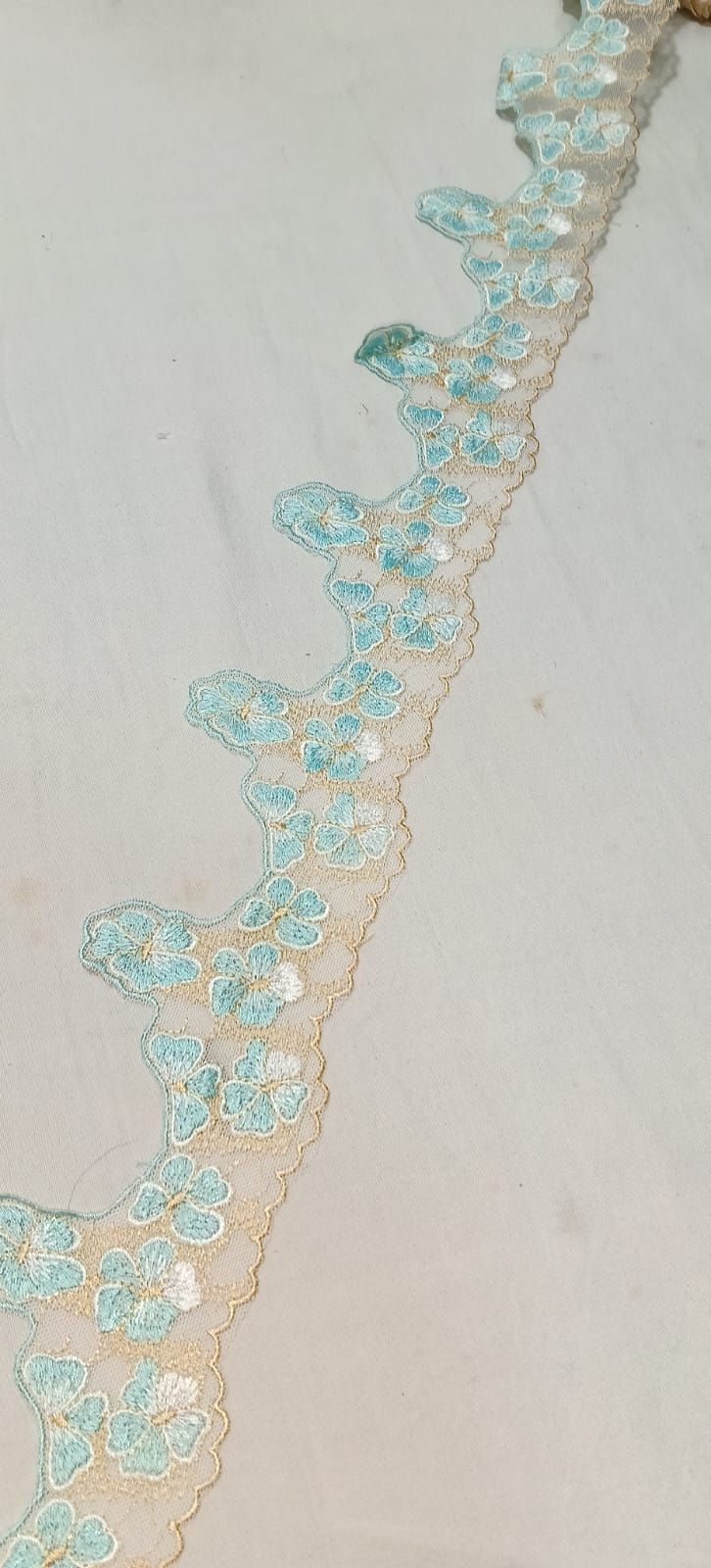 🌸 Premium Embroidered Lace Trim – Sky Blue &amp; Beige 🌸