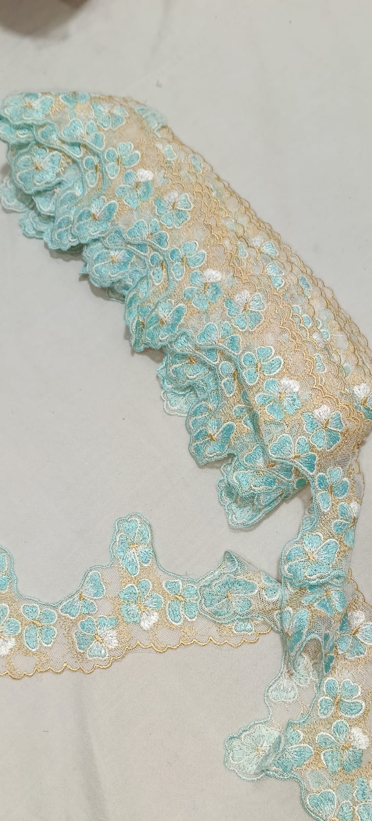 🌸 Premium Embroidered Lace Trim – Sky Blue &amp; Beige 🌸