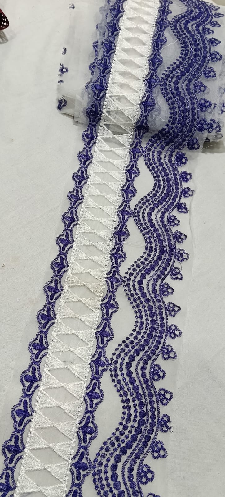 💙 Premium Embroidered Net Lace – White &amp; Royal Blue (7.5 Yards) 💙